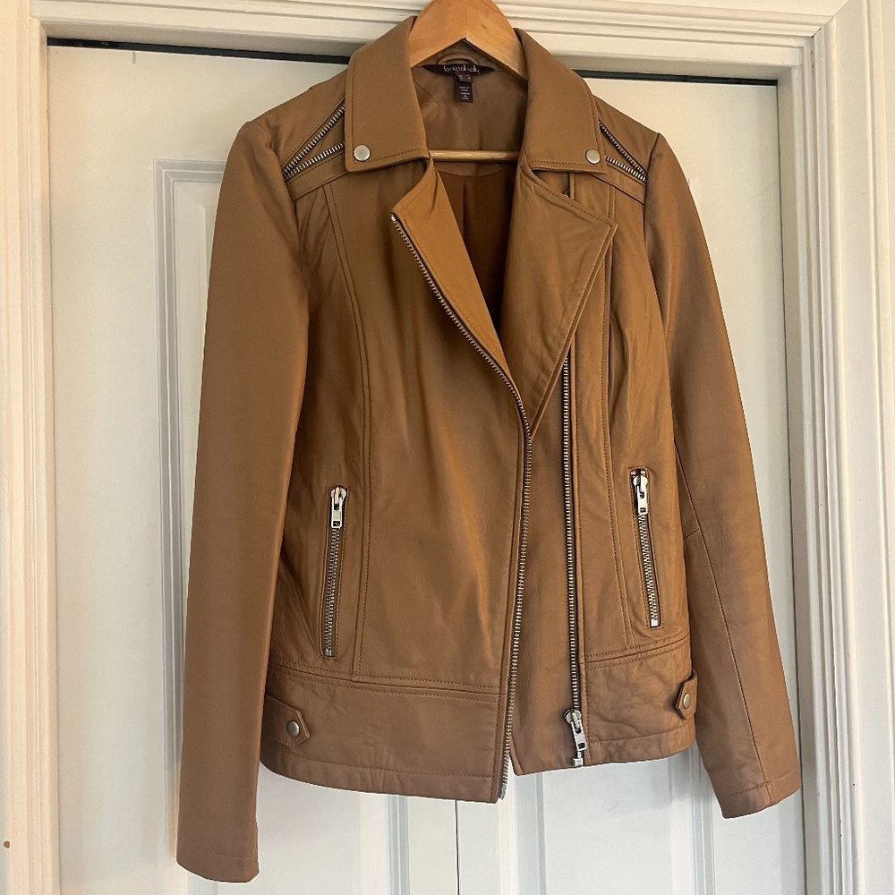 Long Tall Sally Camel 100% leather moto jacket, US 6, UK 10, EU 38